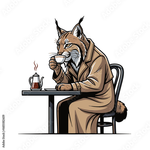 Suave lynx in trench coat sips coffee at a table, cartoon illustration.
