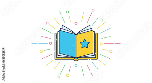 Vector illustration of open book with star and colorful rays emanating from it