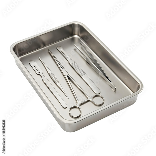 Surgical tray with medical instruments isolated on white background, PNG