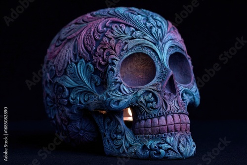 A detailed, ornate skull, decorated with intricate floral patterns, displays a captivating gradient of purple and teal hues.
