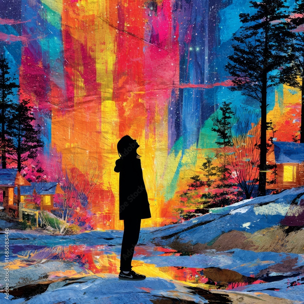 Obraz premium Magical illusion of a colorful aurora silhouette enchanted landscape digital art dreamlike environment artistic viewpoint