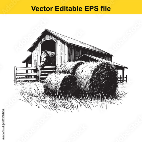 Rustic barn with horse and hay bales in a field, vector illustration
