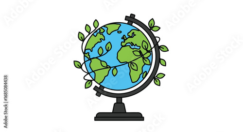 Vector illustration of illustration of a globe with green leaves wrapped around it, symbolizing environmental protection