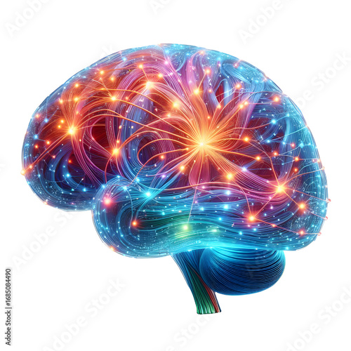 3D glowing brain model isolated white background.
