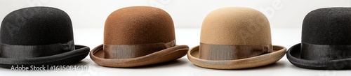 Four bowler hats in various colors