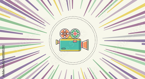 Vector illustration of vintage film camera icon with colorful radiating lines and dotted circle on a light background, representing cinema and movie making