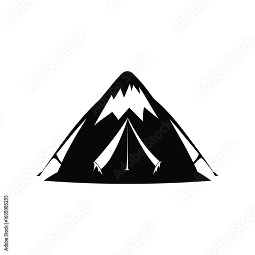 Minimalist black and white mountain tent adventure logo design concept idea, mountain climbing tent silhouette vector illustration
