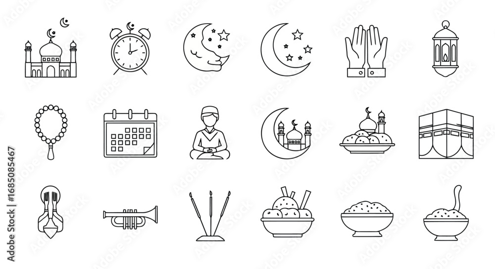 Naklejka premium Vector illustration of collection of islamic icons and symbols, including mosques, prayer, calendar, and crescent moon