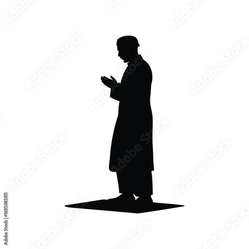 Silhouette of a Muslim man praying on a prayer rug in black, muslim man standing in prayer silhouette vector illustration