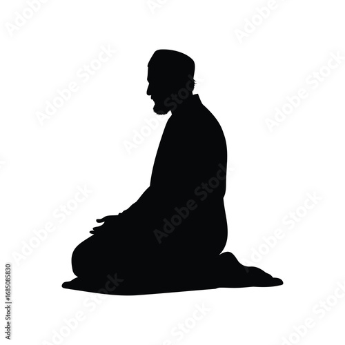 Silhouette of a kneeling man in prayer, wearing a traditional cap, muslim man sitting in tashahhud silhouette vector illustration