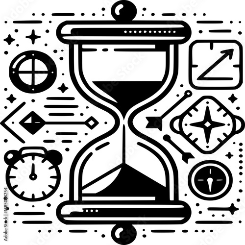 Hourglass Time Concept: A captivating illustration featuring an hourglass, symbolizing the passage of time, surrounded by clocks and compasses. It conveys the essence of time management, planning.