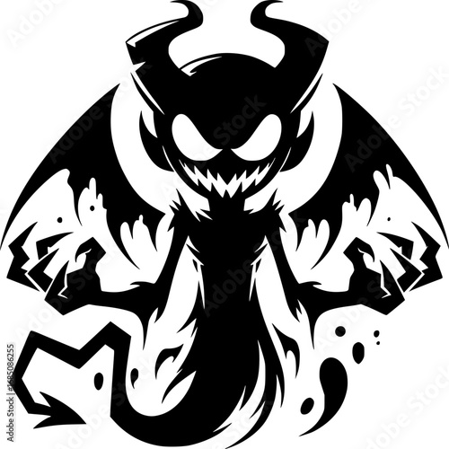 Shadow Devil: A chilling illustration of a devil figure, portrayed in ominous black, with a menacing expression and the iconic horns, wings, and sharp claws associated with the supernatural.