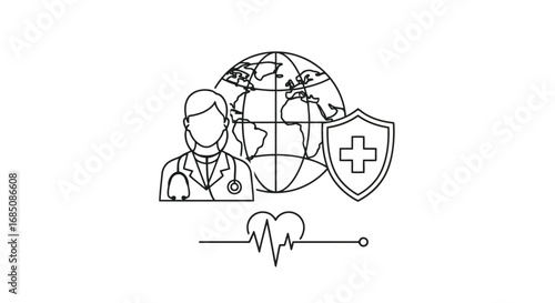 Vector illustration of doctor with stethoscope, globe, shield with cross, and heartbeat line