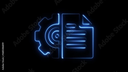 Glowing blue neon gear and document icon on black background representing automation process data management and