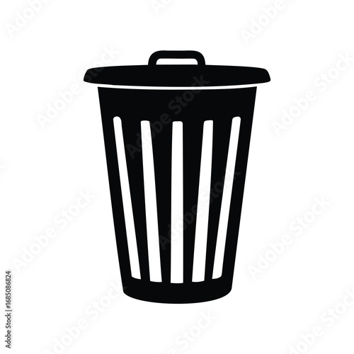A simple graphic illustration depicting a lidded trash can on a white background, office trash bin silhouette vector illustration