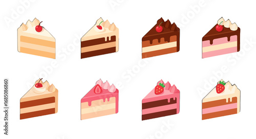 Cake slices vector icon set with eight colorful designs