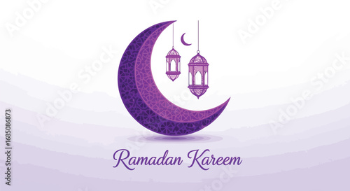Vector illustration of purple crescent moon with hanging lanterns and the text ramadan kareem