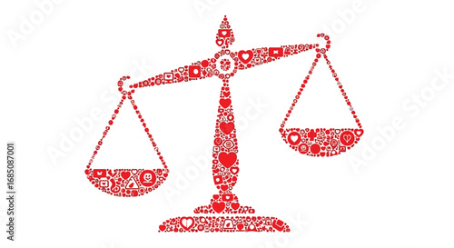 Vector illustration of red scales of justice made of hearts and symbols