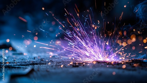 Close-up of purple sparks and fire during metal welding