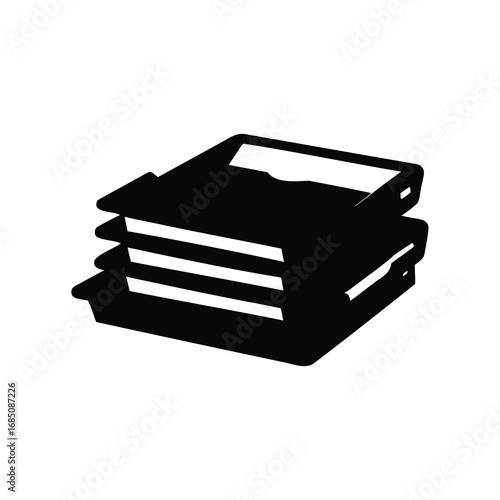 Black and white image of a stack of three vintage floppy disks, paper tray stack silhouette vector illustration