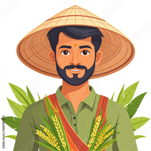 Male Farmer with Traditional Hat and Rice Plants Vector Illustration