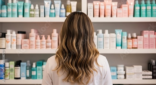 Woman choosing beauty products from shelves selection