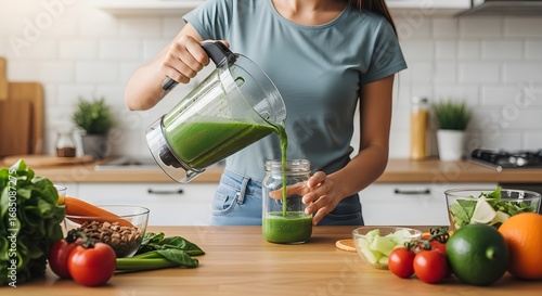 Caucasian woman pouring a vibrant green detox smoothie from a blender into a jar, surrounded by fresh organic vegetables and fruits for a healthy lifestyle and clean eating routine in a modern kitchen