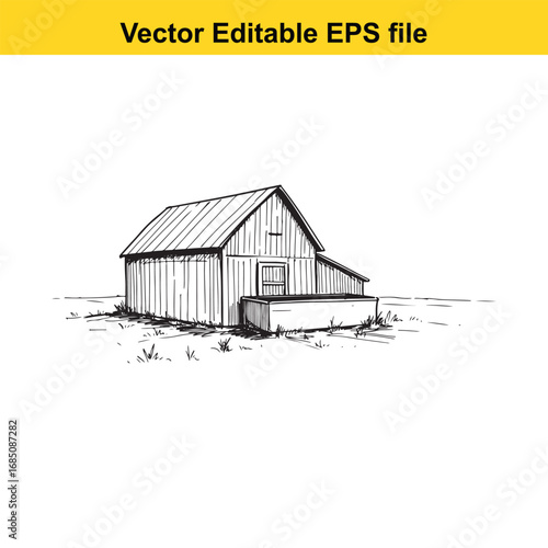 Sketch of a rustic barn with a sloped roof and a small entrance