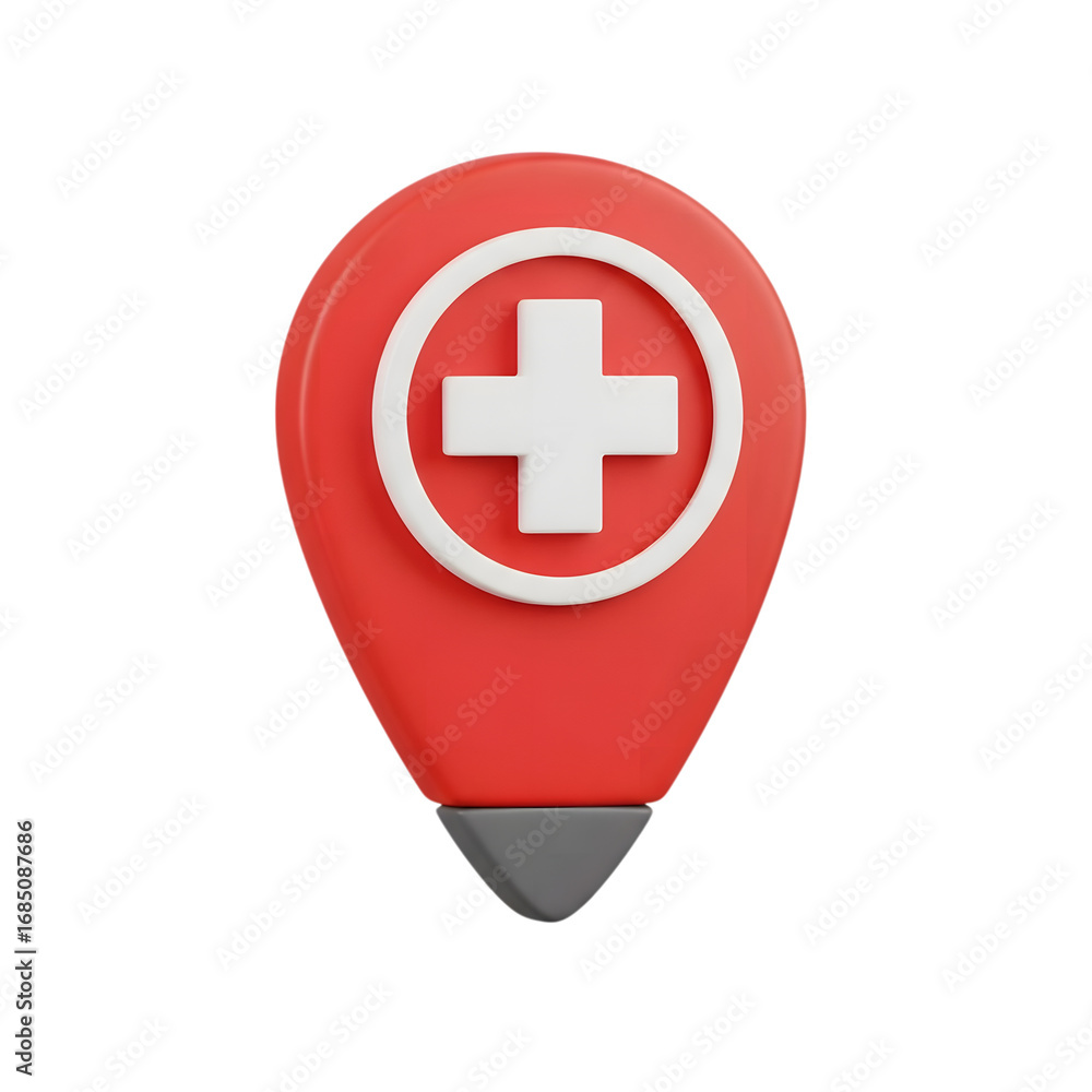 Obraz premium Red medical location pin with white cross isolated on transparent background