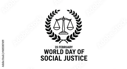 Vector illustration of world day of social justice logo featuring scales of justice within a laurel wreath