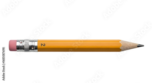 Short yellow pencil with pink eraser isolated on transparent background