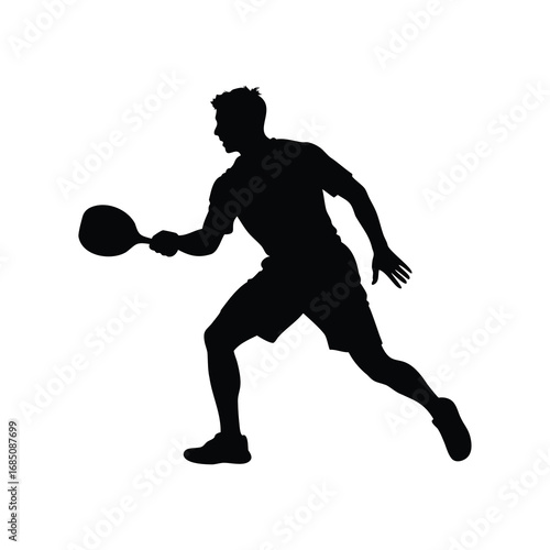 Silhouette of a Man Playing Paddleball or Tennis with Dynamic Body Movement, pickleball player performing a backhand silhouette vector illustration
