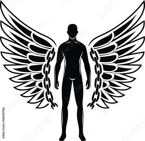 Silhouetted man with large feathered wings and chains