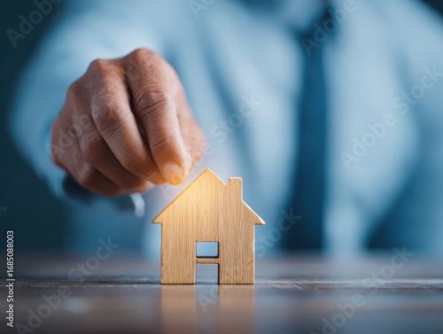 Wallpaper Mural Securing a stable future in Real Estate Investment, Businessman Customer Picks a Wooden House Model for Financial Security and Growth. Torontodigital.ca