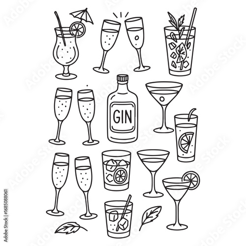 Alcohol cocktail bar doodle set, vector hand drawn beverages party vector