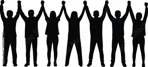 Silhouettes of a diverse group of people raising their arms in celebration and unity