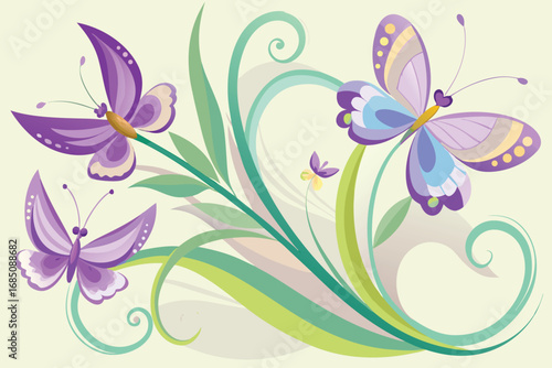 Purple butterflies and swirling green foliage insects