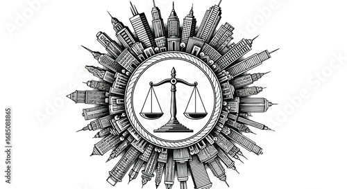 Vector illustration of a circular arrangement of city skyscrapers surrounding a central scales of justice symbol, representing law and urban environment
