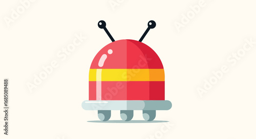 Vector illustration of a cute, cartoonish red robot with yellow stripes and antennae, standing on three wheels against a plain background