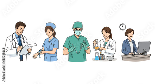 Diverse medical professionals in various roles showing doctor, nurse, surgeon, researcher, and administrator, for healthcare and medical industry visuals