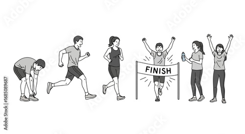 Illustration depicting a runner's journey from preparation to crossing the finish line, ideal for demonstrating athletic progress, goal achievement, or sporting event concepts