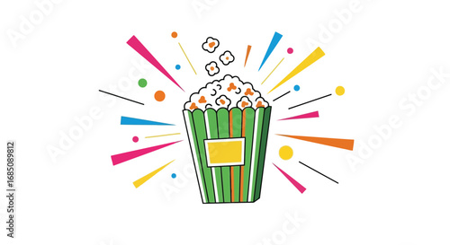 Vector illustration of popcorn in a green striped bucket with colorful bursts and dots