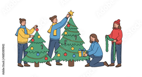 Group of friends decorating Christmas trees with ornaments and lights, creating a festive and joyful atmosphere for holiday season celebrations
