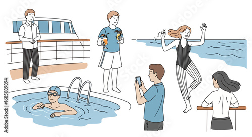 Hand-drawn illustration of people enjoying various leisure activities during vacation, such as swimming, dancing, and taking pictures. Suitable for tourism and lifestyle.