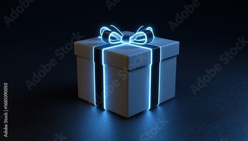 High quality photo of 3d render of a gift box with a glowing neon ribbon on a dark background. suitable for valentine's day, a birthday, or christmas. neon light and shadow.