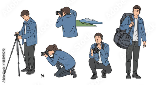 Depiction of photographers in various poses capturing landscapes and portraits, suitable for illustrating photography techniques, travel photography, or creative lifestyle pursuits