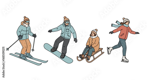 Diverse winter sports activities featuring skiing, snowboarding, sledding, and ice skating, suitable for illustrating seasonal recreation, winter vacations, or sports equipment advertising.