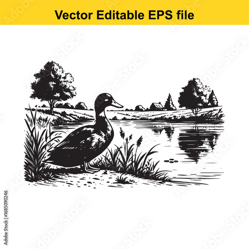 Black and white illustration of a duck standing by a pond with trees in the background
