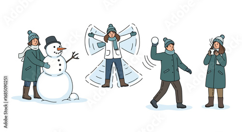 Whimsical winter activities illustration featuring snowman building, snow angel making, and snowball fight fun for seasonal greeting cards and winter-themed designs.