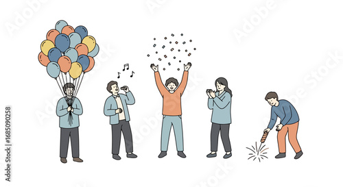 Diverse party celebration illustration featuring people with balloons, musical instruments, camera and sparklers, for festive events and social gatherings